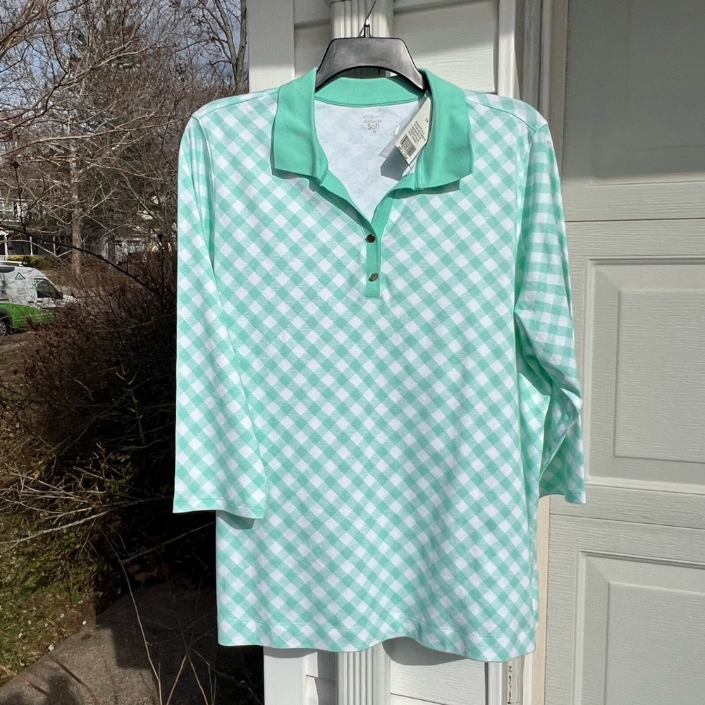 NWT Kim Rogers Cute Green White Gingham Check 3/4 Sleeve Cotton Top - Picture 4 of 4
